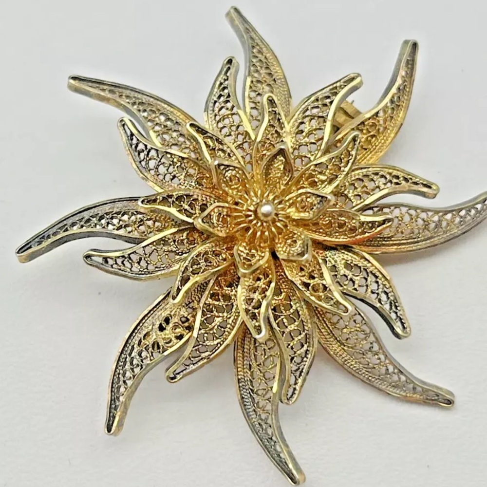Vintage Topazio Portugal 925 Sterling Silver 3D Filigree Flower Brooch 1.5”